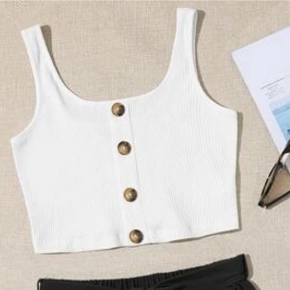 White Faux Button Down Ribbed Cropped Tank Top - Picture 3 of 9